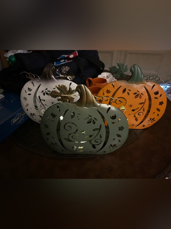 Other Other - Decorative Metal Pumpkin Lantern - Sage Green Orange and white